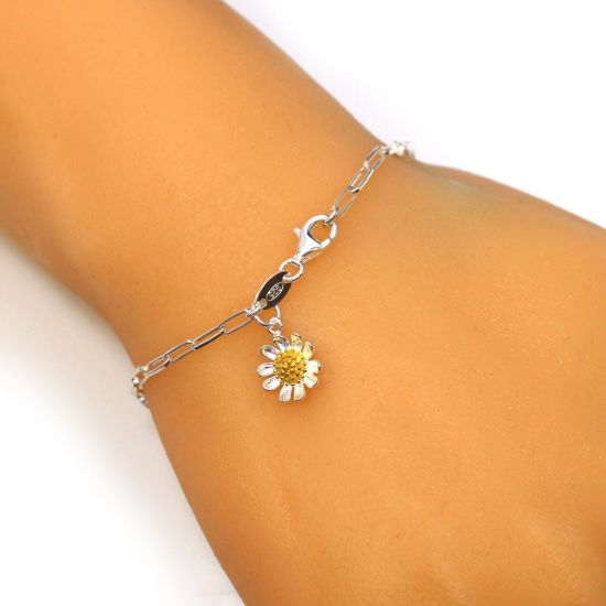 Wholesale Sterling Silver Sunflower Charm Long Box Chain Bracelet - 7.5"