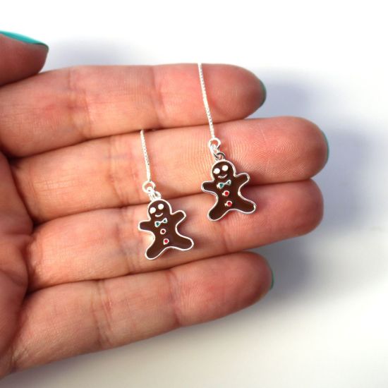 Wholesale Sterling Silver Gingerbread Man Christmas Charm Threader Earrings (Sold Per Pair)