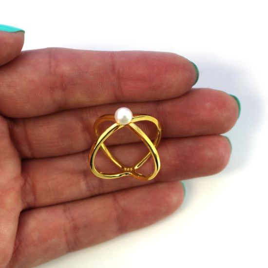 Wholesale Gold Over Sterling Silver Criss Cross Freshwater Pearl Ring (1 piece)