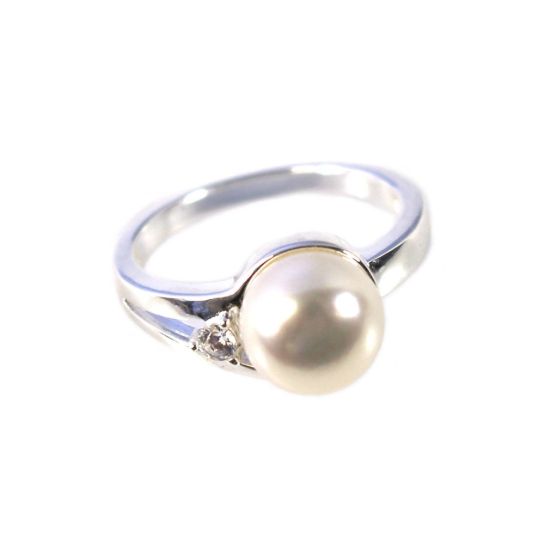 Wholesale 925 Sterling Silver Single CZ Stone and Big Freshwater Pearl Ring (1 piece)