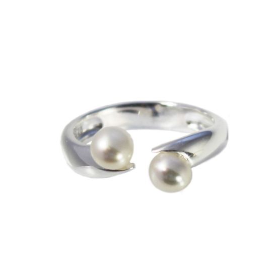 Wholesale 925 Sterling Silver Double Freshwater Pearl Open Ring - Adjustable (1 Piece)