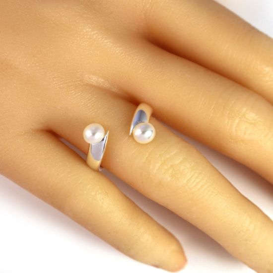 Wholesale 925 Sterling Silver Double Freshwater Pearl Open Ring - Adjustable (1 Piece)