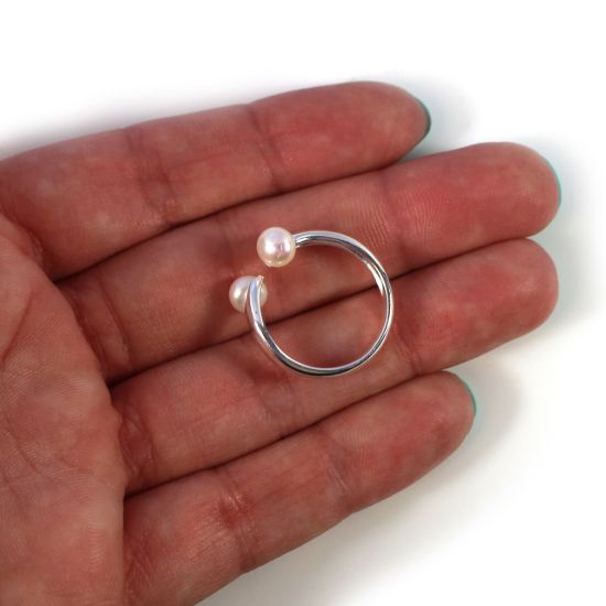 Wholesale 925 Sterling Silver Double Freshwater Pearl Open Ring - Adjustable (1 Piece)