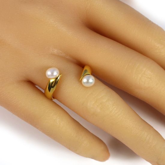 Wholesale Gold Over Sterling Silver Double Freshwater Pearl Open Ring - Adjustable (1 Piece)