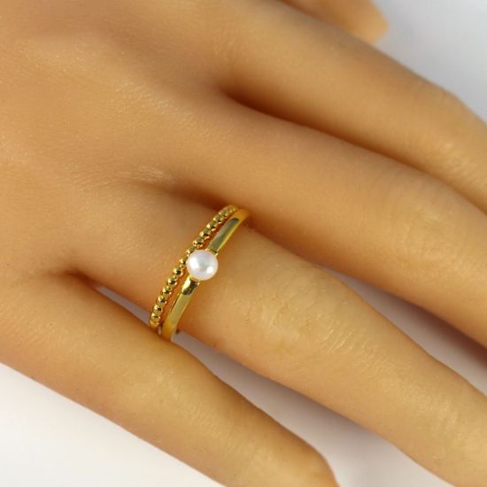Wholesale Gold Over Sterling Silver Ball Band and Freshwater Pearl Stacking Ring Set