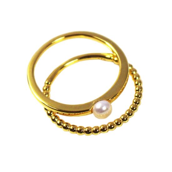 Wholesale Gold Over Sterling Silver Ball Band and Freshwater Pearl Stacking Ring Set