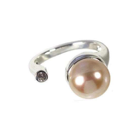 Wholesale 925 Sterling Silver Big Freshwater Pearl and CZ Stone Open Ring - Adjustable (1 Piece)