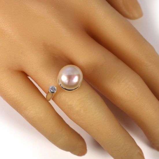 Wholesale 925 Sterling Silver Big Freshwater Pearl and CZ Stone Open Ring - Adjustable (1 Piece)