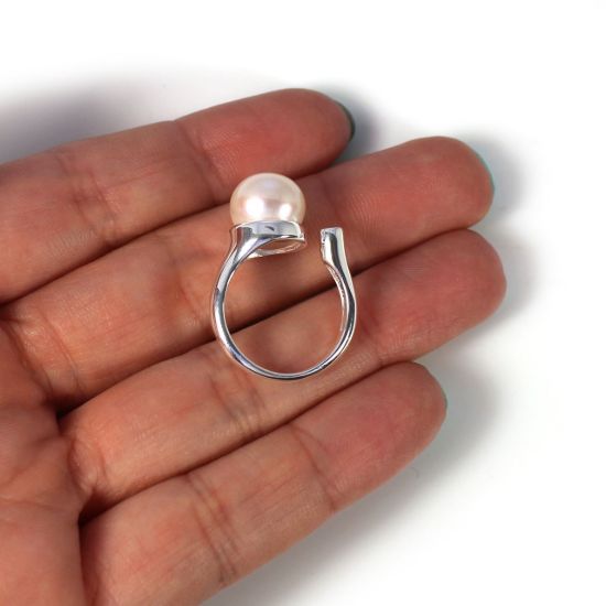 Wholesale 925 Sterling Silver Big Freshwater Pearl and CZ Stone Open Ring - Adjustable (1 Piece)