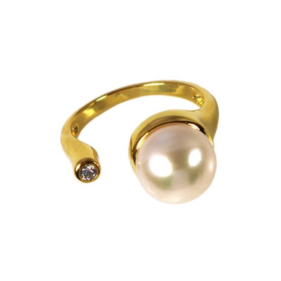 Wholesale Gold Over Sterling Silver Big Freshwater Pearl and CZ Stone Open Ring - Adjustable (1 Piece)