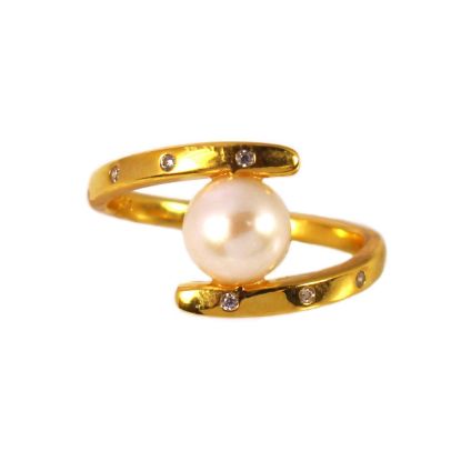 Wholesale Gold Over Sterling Silver Fancy Freshwater Pearl and CZ Stone Ring (1 piece)