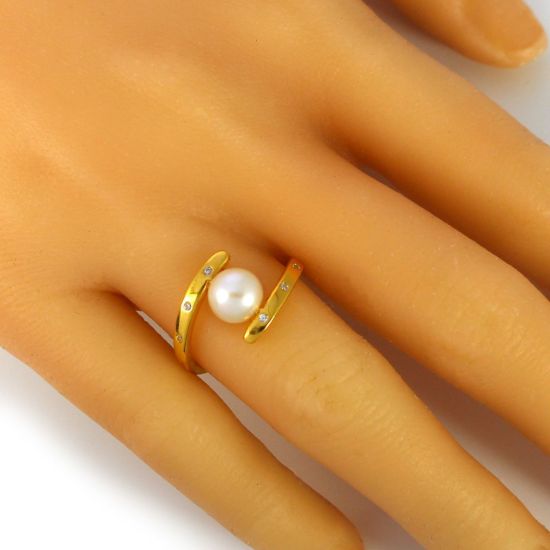 Wholesale Gold Over Sterling Silver Fancy Freshwater Pearl and CZ Stone Ring (1 piece)