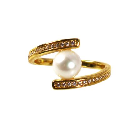 Wholesale Gold Over Sterling Silver Fancy Freshwater Pearl and Pave CZ Stone Ring (1 piece)