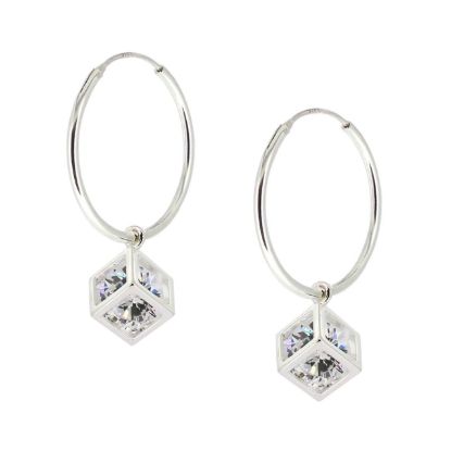 Wholesale Sterling Silver CZ Stone Cube Charm Hoop Earrings (Sold Per Pair)