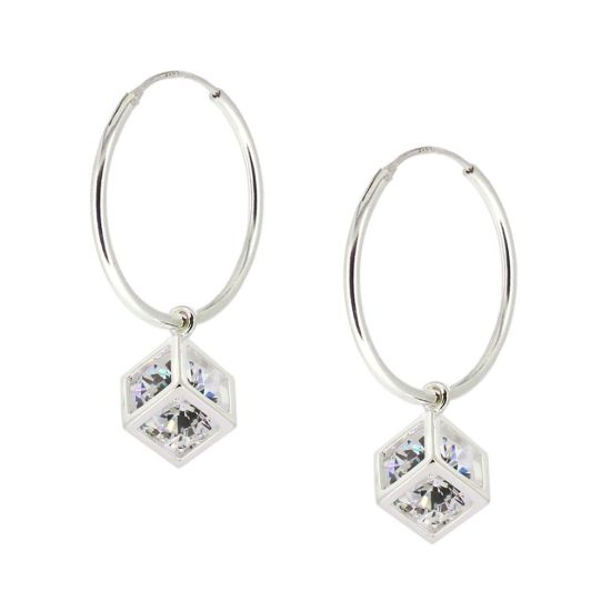 Wholesale Sterling Silver CZ Stone Cube Charm Hoop Earrings (Sold Per Pair)