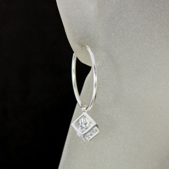 Wholesale Sterling Silver CZ Stone Cube Charm Hoop Earrings (Sold Per Pair)