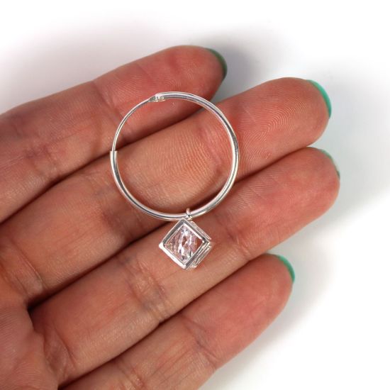 Wholesale Sterling Silver CZ Stone Cube Charm Hoop Earrings (Sold Per Pair)