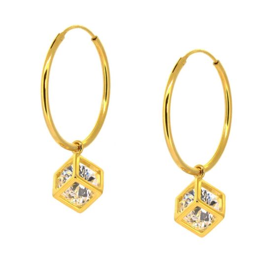 Wholesale Gold Over Sterling Silver CZ Stone Cube Charm Hoop Earrings (Sold Per Pair)