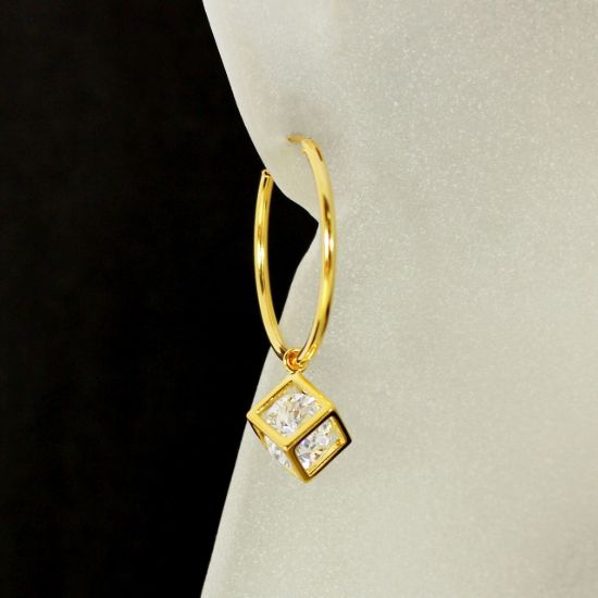 Wholesale Gold Over Sterling Silver CZ Stone Cube Charm Hoop Earrings (Sold Per Pair)