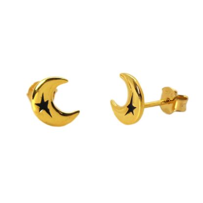Wholesale Gold Over Sterling Silver Crescent Moon Star Earrings - 11mm  (1 pair)