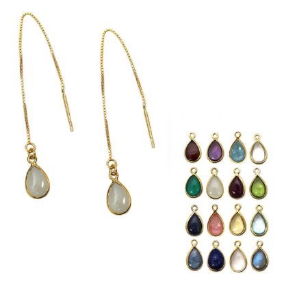 Wholesale Gold Over Sterling Silver Natural Birthstone Gemstone Teardrop Ear Threads (Sold Per Pair)