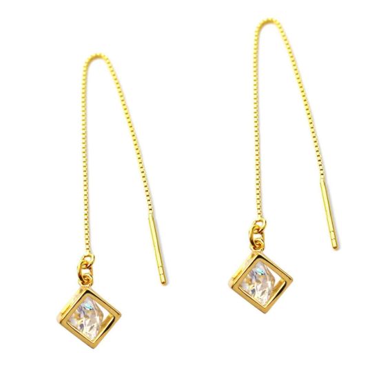 Wholesale Gold Over Sterling Silver CZ Stone Cube Charm Threader Earrings (Sold Per Pair)