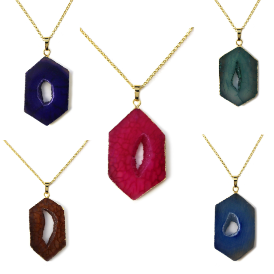 Wholesale Gold Over Sterling Silver Window Agate Geode Pendant Necklace - 16"