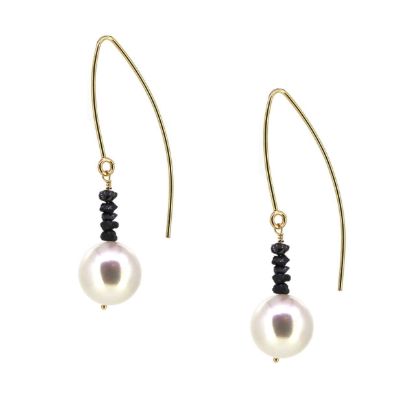 Wholesale 14K Yellow Gold White Freshwater Pearl and Raw Diamond Marquise Earrings