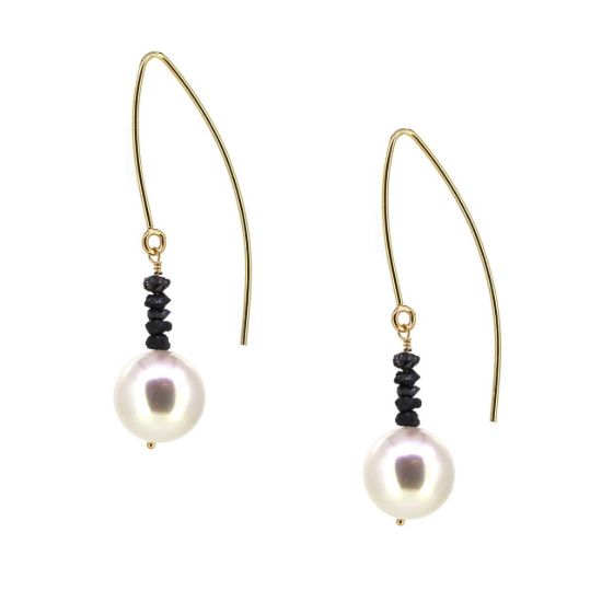 Wholesale 14K Yellow Gold White Freshwater Pearl and Raw Diamond Marquise Earrings