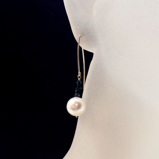 Wholesale 14K Yellow Gold White Freshwater Pearl and Raw Diamond Marquise Earrings