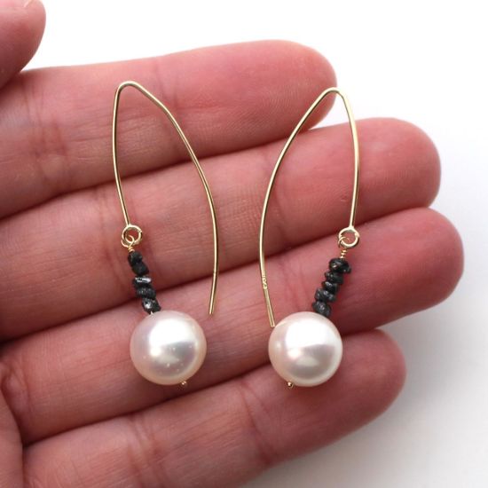 Wholesale 14K Yellow Gold White Freshwater Pearl and Raw Diamond Marquise Earrings