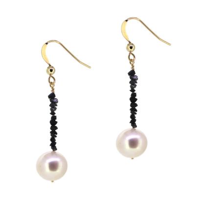 Wholesale 14K Yellow Gold White Freshwater Pearl and Raw Diamond Dangle Earrings