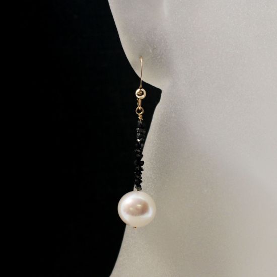 Wholesale 14K Yellow Gold White Freshwater Pearl and Raw Diamond Dangle Earrings