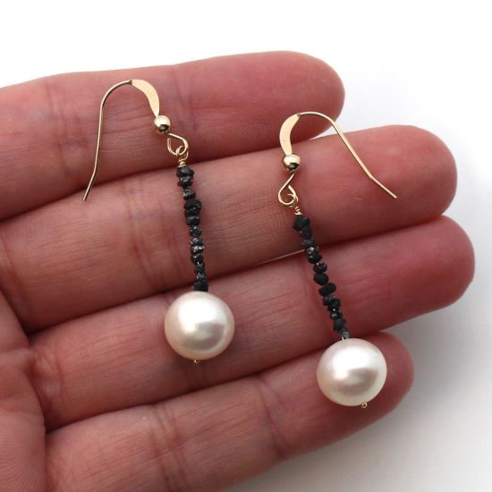 Wholesale 14K Yellow Gold White Freshwater Pearl and Raw Diamond Dangle Earrings