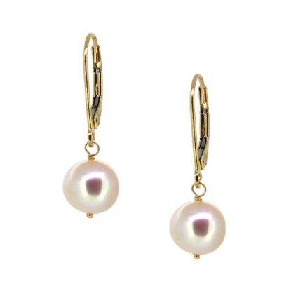 Wholesale 14K Yellow Gold White Freshwater Pearl Leverback Earrings