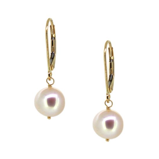 Wholesale 14K Yellow Gold White Freshwater Pearl Leverback Earrings