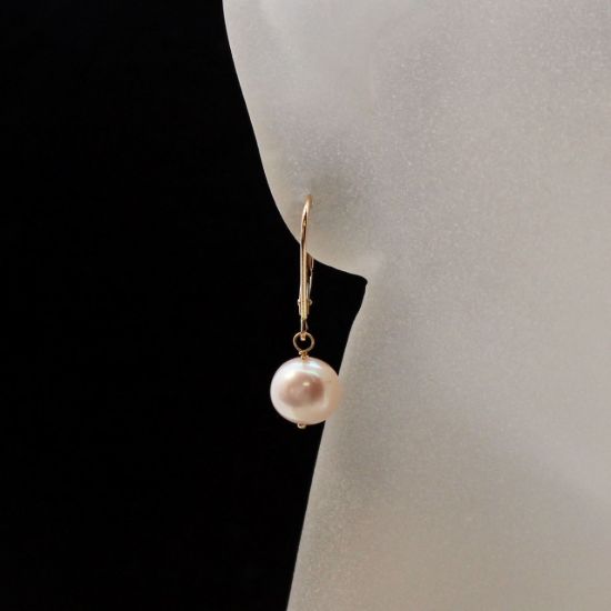 Wholesale 14K Yellow Gold White Freshwater Pearl Leverback Earrings