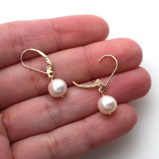 Wholesale 14K Yellow Gold White Freshwater Pearl Leverback Earrings