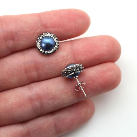 Wholesale Blue Freshwater Pearl Pave Earrings with Sterling Silver Posts (1 pair)
