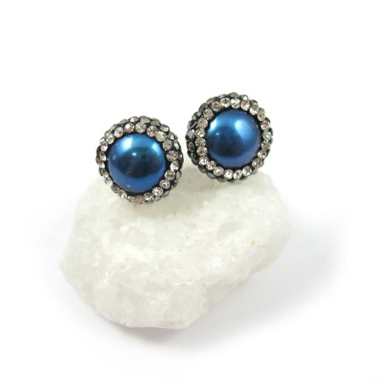 Wholesale Blue Freshwater Pearl Pave Earrings with Sterling Silver Posts (1 pair)