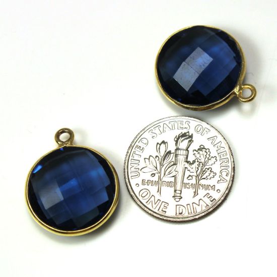 Wholesale 18K Gold Over Sterling Silver Bezel Gemstone Pendant - 14mm Faceted Coin Shape - Blue Iolite Quartz