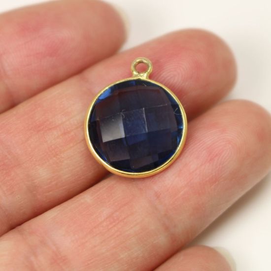 Wholesale 18K Gold Over Sterling Silver Bezel Gemstone Pendant - 14mm Faceted Coin Shape - Blue Iolite Quartz