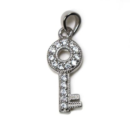Wholesale Rhodium Plated 925 Sterling Silver  Key Charm with CZ  - 22mm (1 pc)