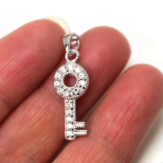 Wholesale Rhodium Plated 925 Sterling Silver  Key Charm with CZ  - 22mm (1 pc)