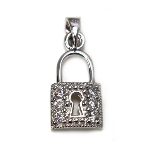 Wholesale Rhodium Plated 925 Sterling Silver  Lock Charm with CZ  - 18mm (1 pc)