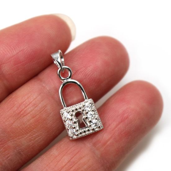 Wholesale Rhodium Plated 925 Sterling Silver  Lock Charm with CZ  - 18mm (1 pc)