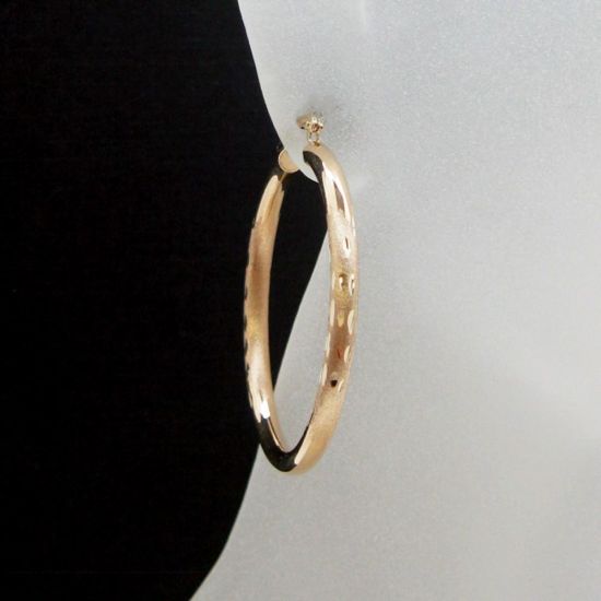 Wholesale 14K Solid Yellow Gold Hoop Earrings with Fancy Design  - 3mm thickness- 40mm (Sold per pair)