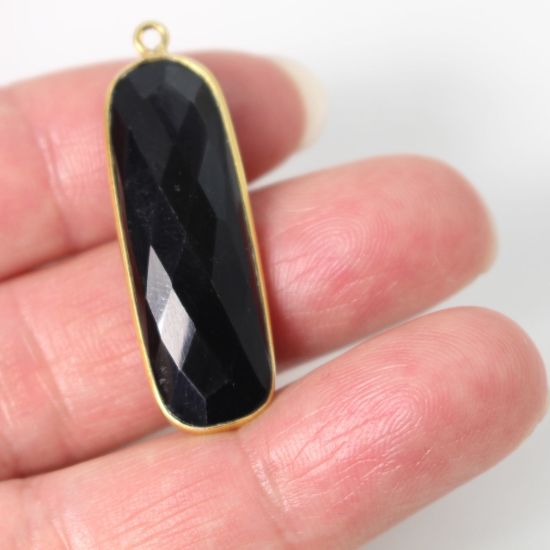 Wholesale Gold Over Sterling Silver Bezel Pendant - 34x11mm Elongated Rectangle Shape - Black Onyx
