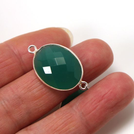 Wholesale Sterling Silver Bezel Gemstone Links - Faceted Oval Shape -Green Onyx -May birthstone