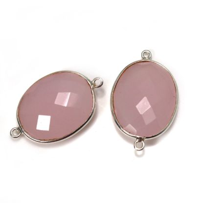 Wholesale Sterling Silver Bezel Gemstone Links - Faceted Oval Shape -Pink Chalcedony